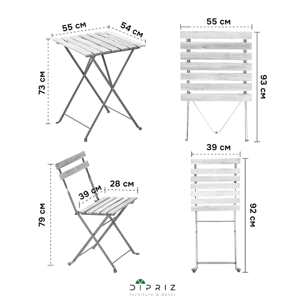 Комплект садовой мебели Тэрно из массива березы с нержавеющим стальным каркасом, складной стол и 2 складных стула для улицы дачи кафе, белый