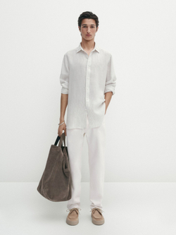 Massimo Dutti Рубашка классического кроя из 100% льна в полоску, небесно-голубой