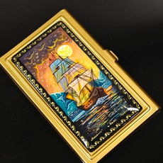 Коллекционная визитница "Парусник" №3 с ручной росписью Палех в футляре