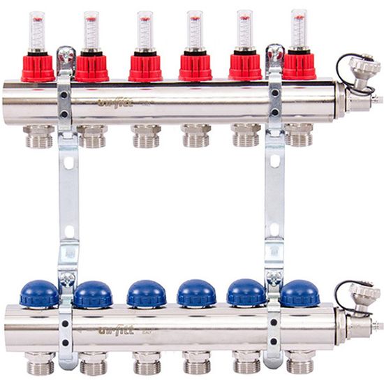 Коллектор Uni-Fitt 1"х3/4" 6 вых. из латуни с расходомерами и термостатическими вентилями 440E4306