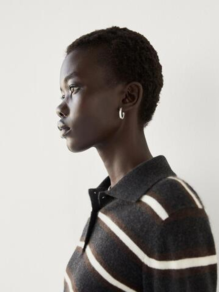 Massimo Dutti Свитер поло из 100% кашемира в полоску, коричневый