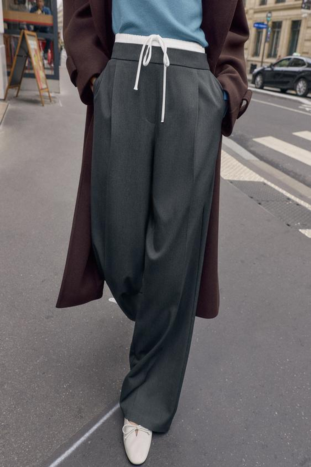 ZARA БРЮКИ С ШИРОКИМ ДВОЙНЫМ ПОЯСОМ, АНТРАЦИТОВО-СЕРЫЙ