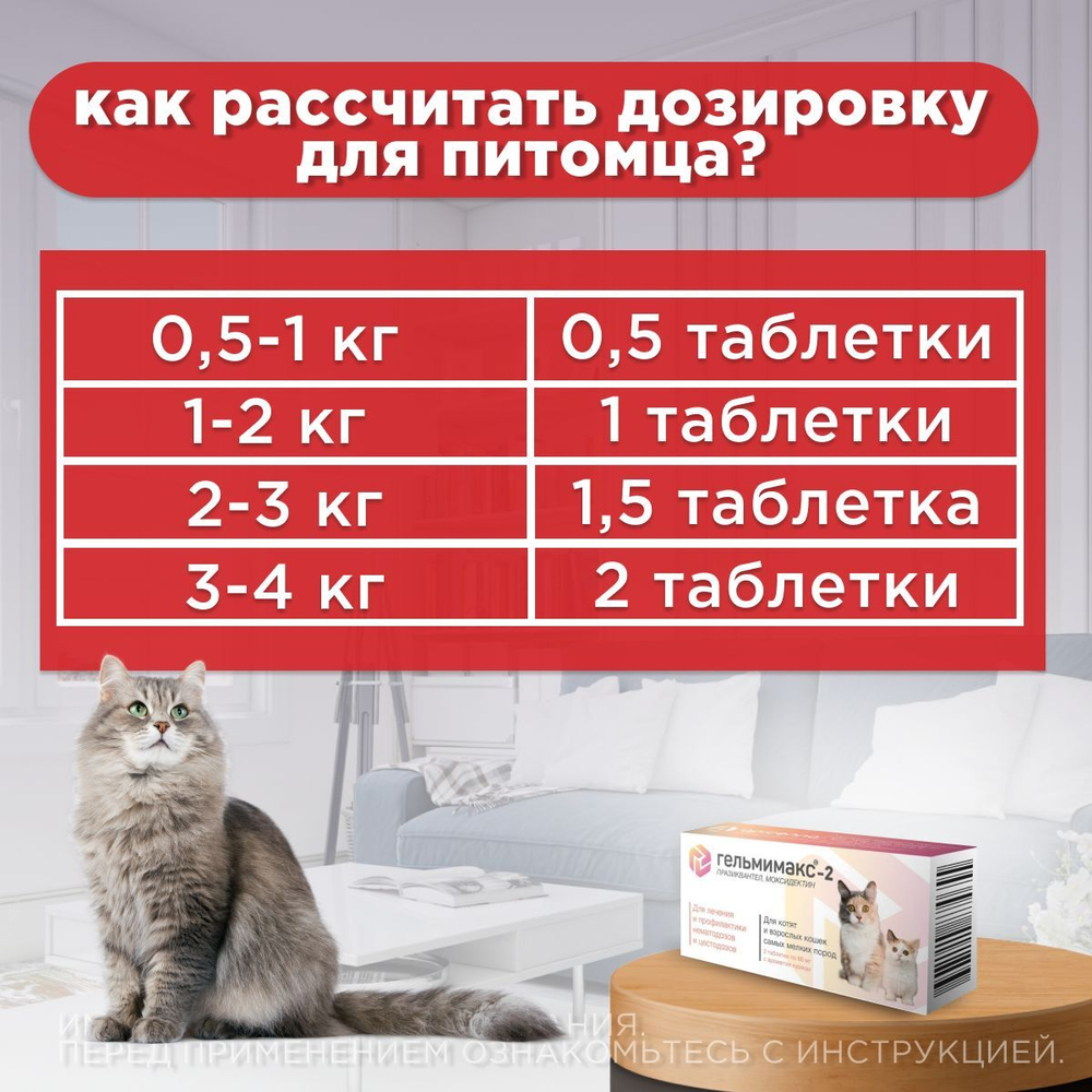 Таблетки от гельминтов и глистов Гельмимакс -2 для мелких пород кошек и котят2 таблетки 60 мг с ароматом курицы