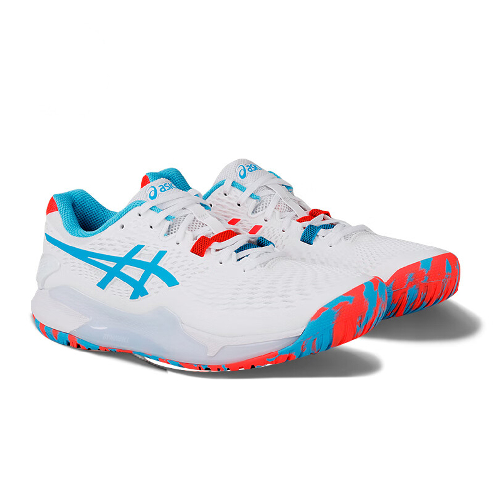 Asics Gel-Resolution 9 cushioning and stable low-top tennis shoes men's white, red and blue