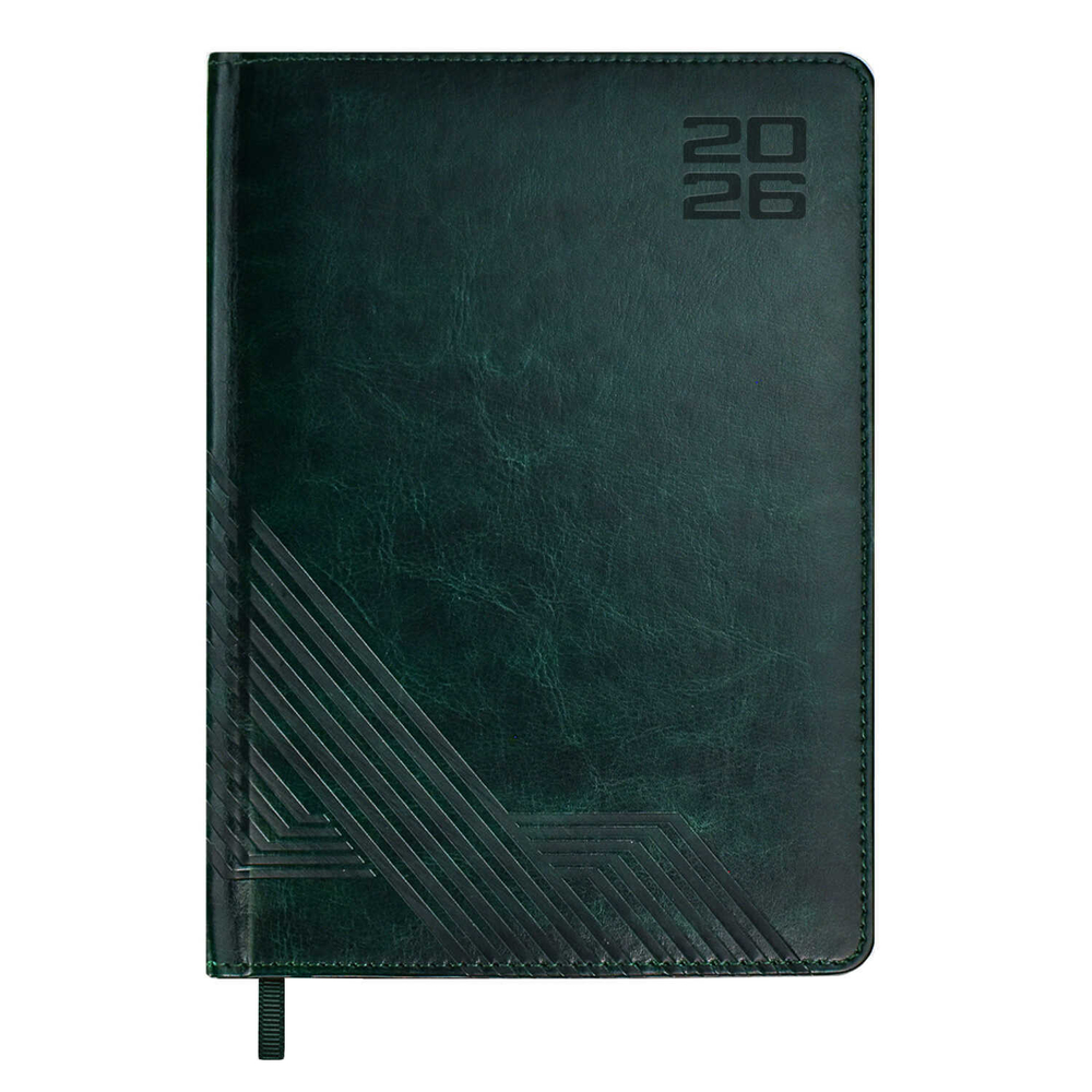 Ежедневник датированный 2026 ESCALADA, А5, 176 л., арт. 70223/ 15 САРИФ ТЁМНО-ЗЕЛЁНЫЙ (кожзам: 146x211 мм, твёрдый переплёт с поролоном, материал обложки: искусственная кожа "Сариф"; декор: блинтовое тиснение; способ крепления блока: ниткошвейный; вн