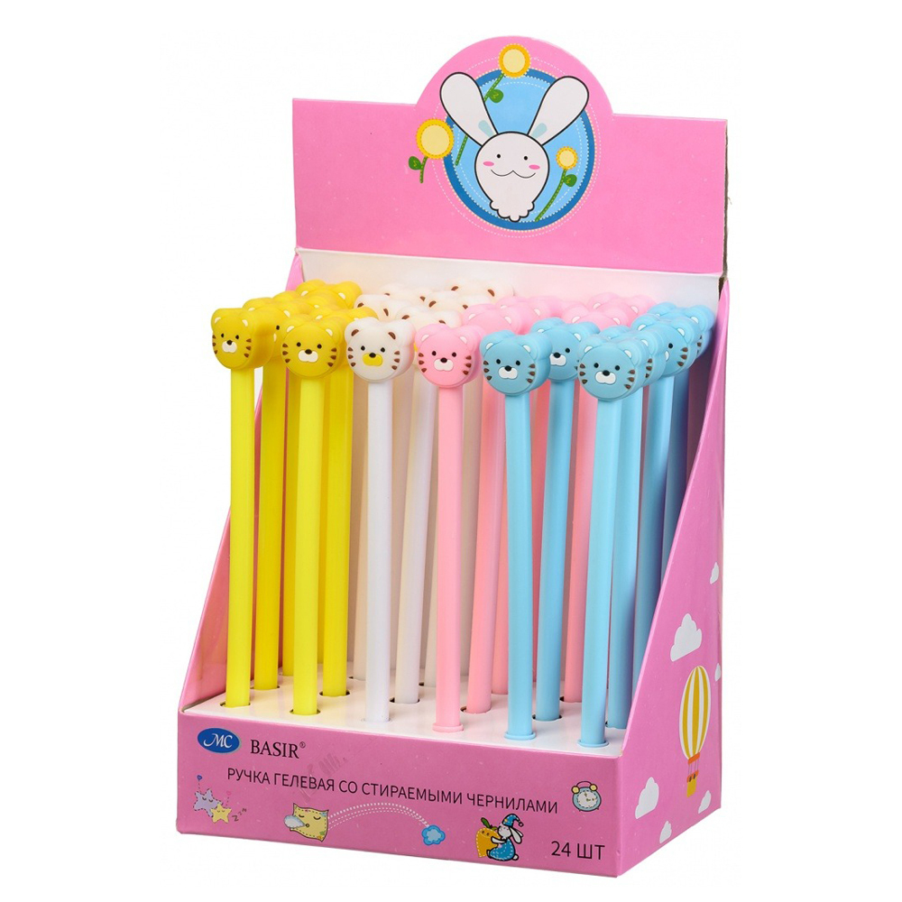 Ручка гелевая, пиши-стирай, Basir, синие чернила, серия "Тигр", с игрушкой-ластиком, 24 шт
