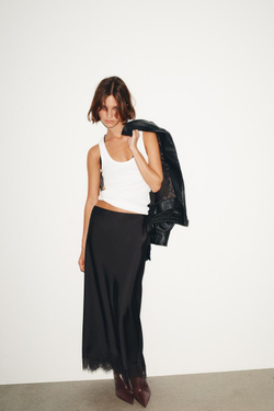 ZARA АТЛАСНАЯ ЮБКА МИДИ С КРУЖЕВОМ, ЧЕРНЫЙ