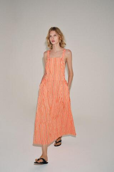 ZARA ПЛАТЬЕ МИДИ В ПОЛОСКУ — ZW COLLECTION, ОРАНЖЕВЫЙ