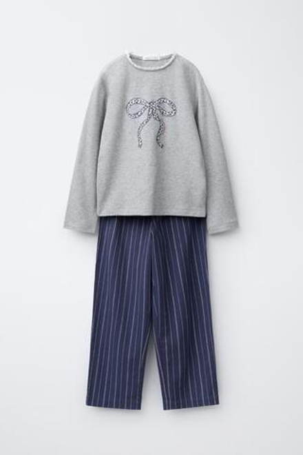ZARA КОМБИНИРОВАННАЯ ПИЖАМА В ПОЛОСКУ С БАНТОМ, СИНИЙ