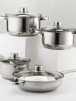 Набор Доляна «Классика», 8 предметов: ковш 1,5 л, 2 кастрюли 2/3 л, сковорода d=24 см, 4 крышки, стенки 0,3 мм, дно 5 мм