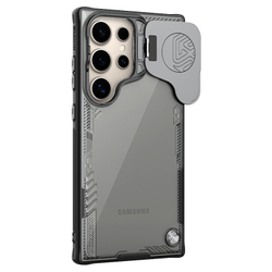 Чехол прозрачный тонированный (Dark night black) от Nillkin с металлической откидной крышкой для камеры на Samsung Galaxy S24 Ultra, серия Iceblade Prop Case