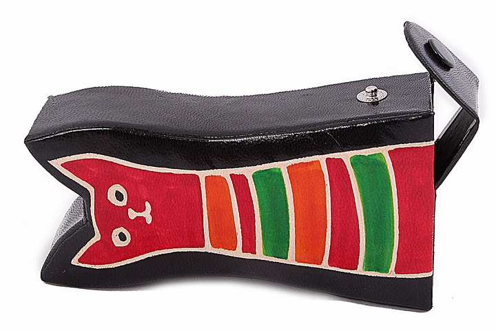 Копилка под мелочь "Кошка", цвет черный, красная кошка, полосы, натуральная кожа ручной принт