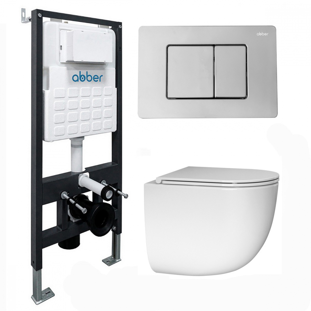 Комплект подвесной унитаз ABBER Bequem AC1132TC белый, с закрытым дном с инсталляцией AC0105 и кнопкой AC0120 хром глянцевый