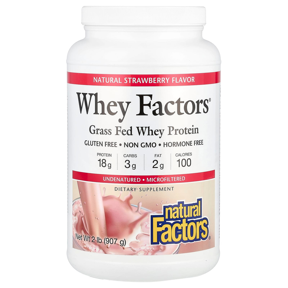 Natural Factors, Whey Factors®, сывороточный протеин травяного откорма, клубника, 907 г (2 фунта)