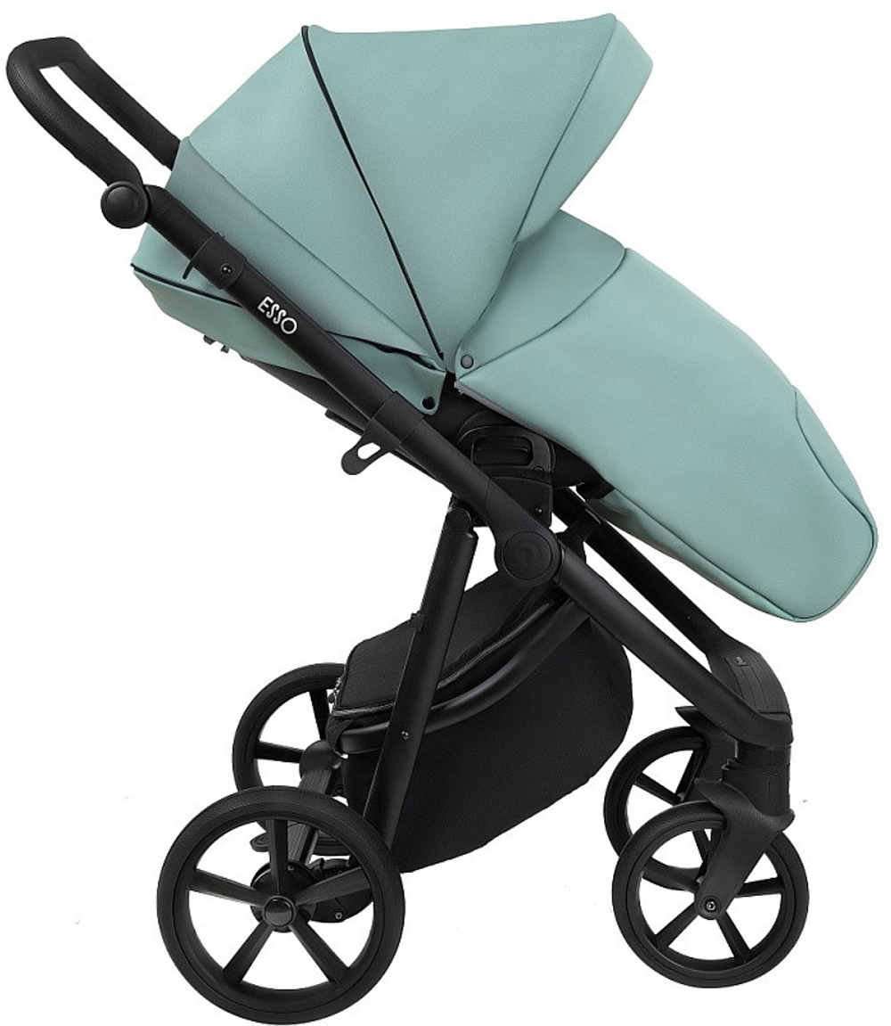 Детская коляска Roan Esso Кожа 3 в 1 с автокреслом Tutis Elo Lux EduSky Black ESSK/214/1 Misti Mint/Grey/руч.Черный