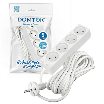 Удлинитель бытовой "DOMTOK" 4гн., ПВС 2*1, 2,2кВт, б/з 5м (1/30)
