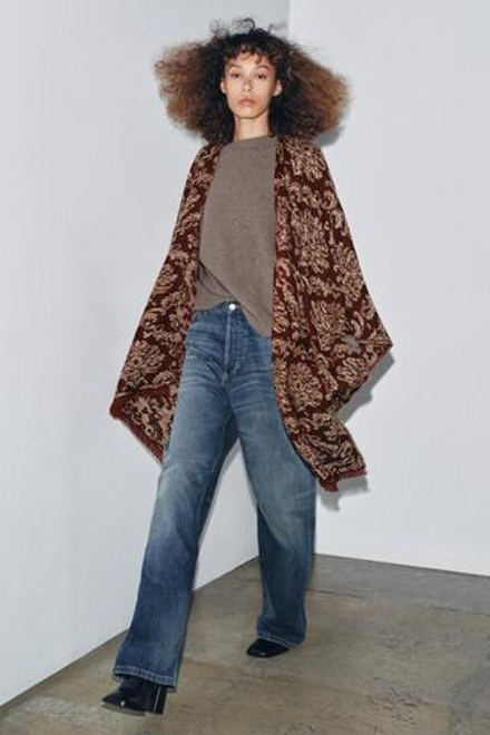 ZARA ДЛИННАЯ ЖАККАРДОВАЯ НАКИДКА, ГРАНАТОВЫЙ