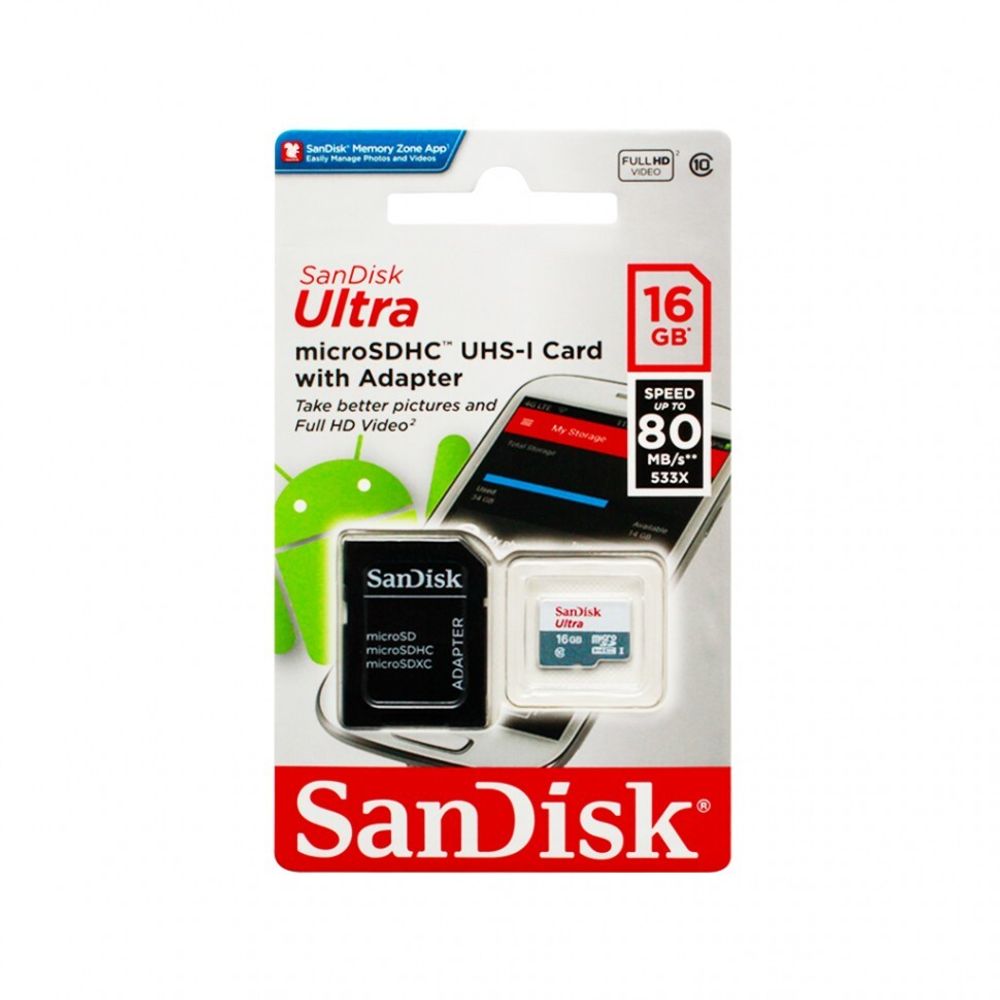 Micro SDHC 16 GB SanDisc Ultra UHS-I Класс 10 + адаптер