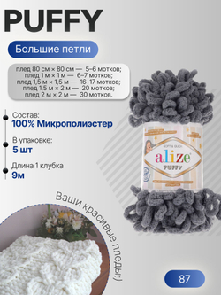 Пуффи (Puffy) пряжа Alize 100%микрополиэстер 5х100г/9,2 м 87 угольный серый