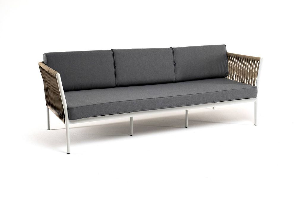 "Касабланка" диван 3-местный плетеный из роупа, каркас алюминий светло-серый (RAL7035) муар, роуп серо-коричневый 23мм, ткань серая 017