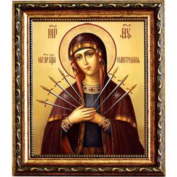 Семистрельная икона Божьей Матери на холсте.