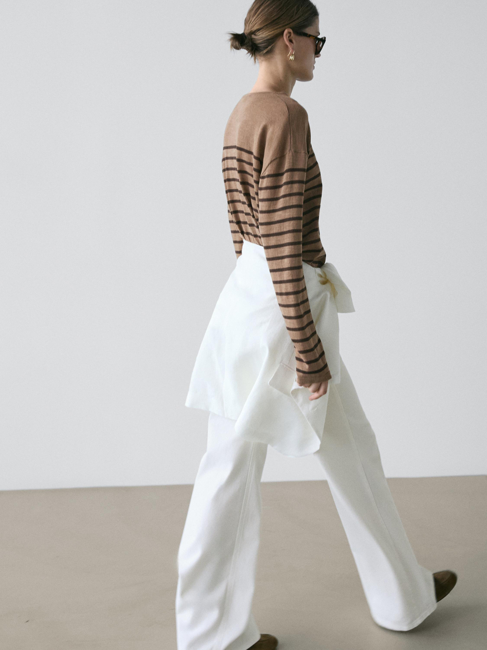 Massimo Dutti Футболка из смесового хлопка в полоску с длинными рукавами, светло-коричневый