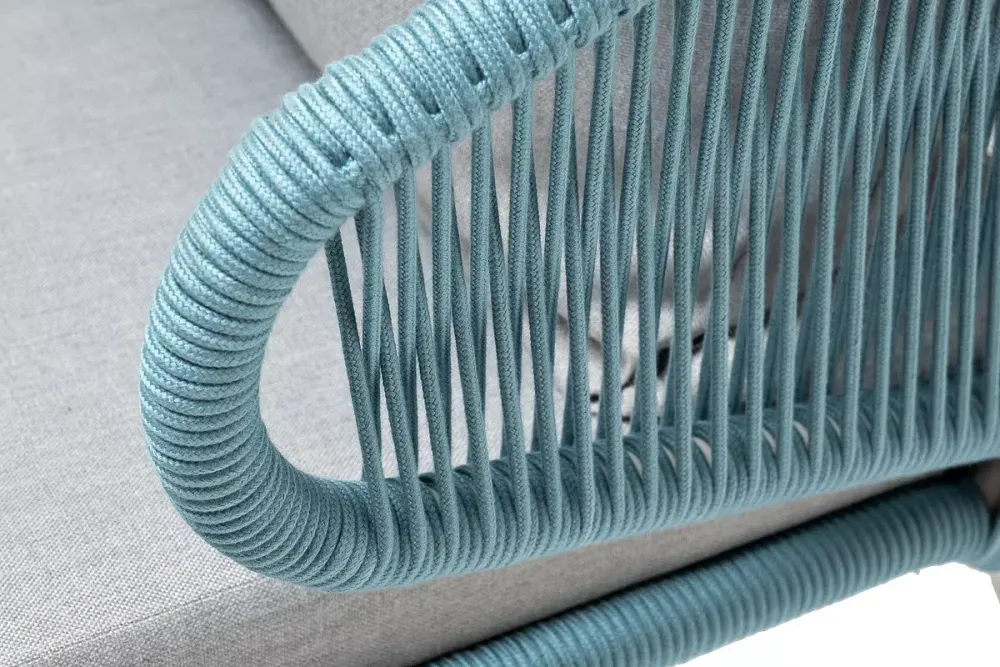 "Милан" кресло плетеное из роупа, каркас алюминий светло-серый (RAL7035) муар, роуп бирюзовый круглый, ткань светло-серая