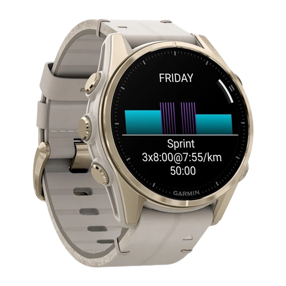 Спортивные часы Garmin fenix 8, 43 мм, AMOLED, кожаный ремешок цвета «известняк», силиконовый ремешок цвета «серый туман»/«тёмный песчаник» Золотистый безель из нержавеющей стали, AMOLED-дисплей. Кожаный ремешок и силиконовый ремешок с классическими застё