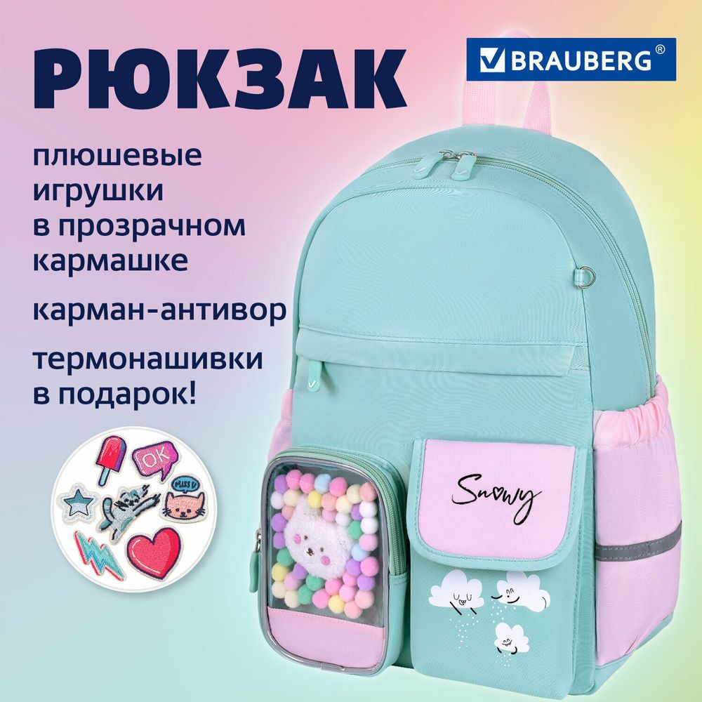 Рюкзак BRAUBERG PASTEL с термонашивками в комплекте, "Funny clouds", мятный, 40х29х14 см, 271421