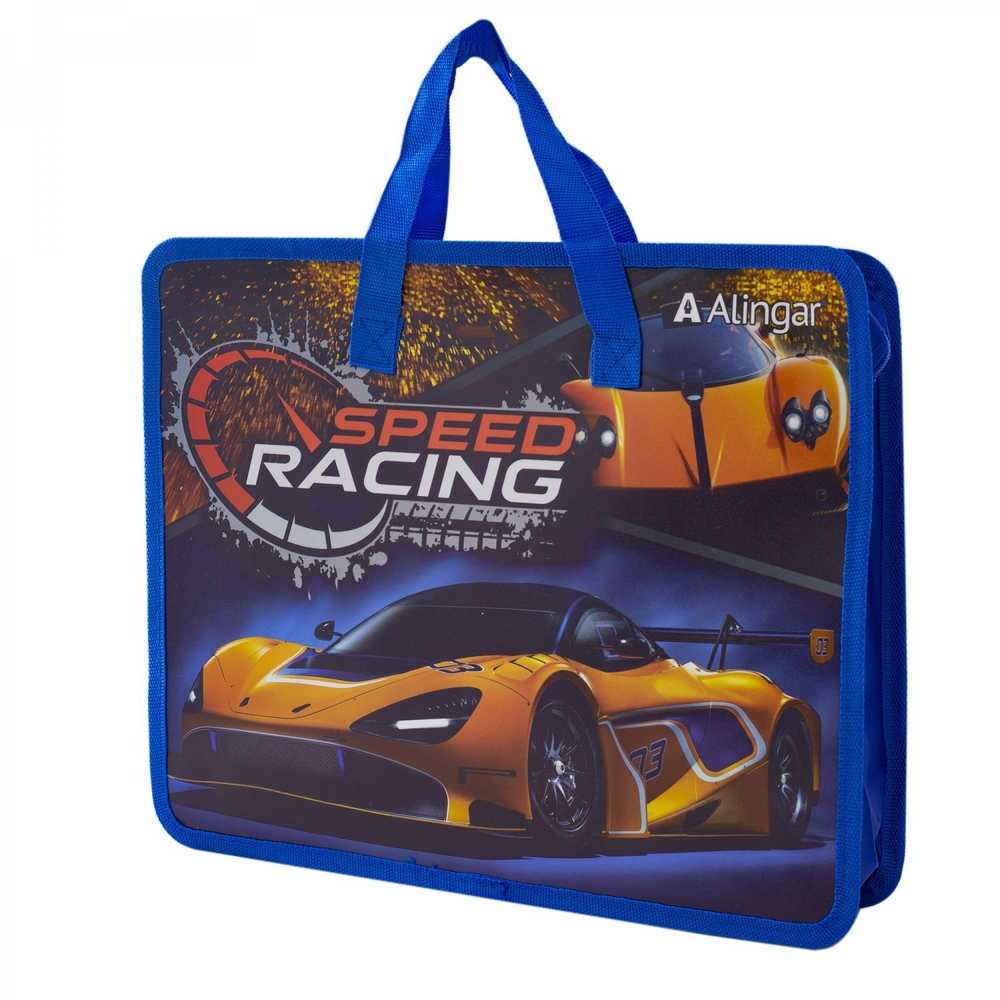Папка с ручками 1 отделение, А4 265х335х90мм, Alingar, пластик, ручки тесьма, дизайн с двух сторон, молния сверху, "Speed Racing"