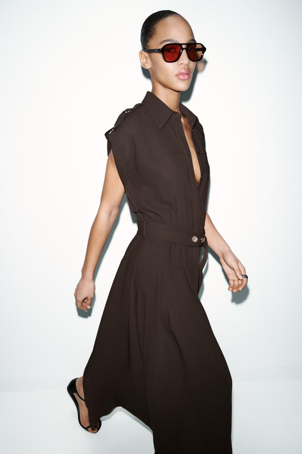 ZARA ПЛАТЬЕ МИДИ С ПОЯСОМ, КОРИЧНЕВЫЙ