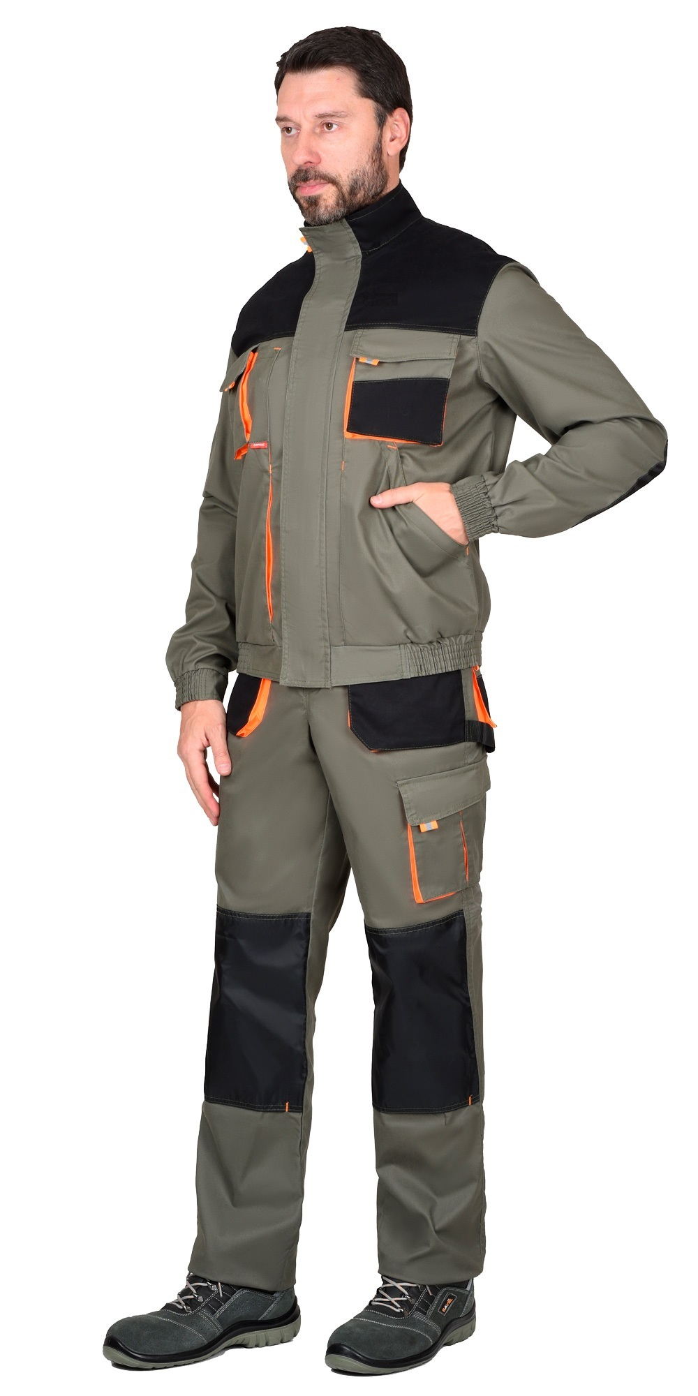 Костюм "Стрейч" куртка п/к оливковый с оранжевым и черным