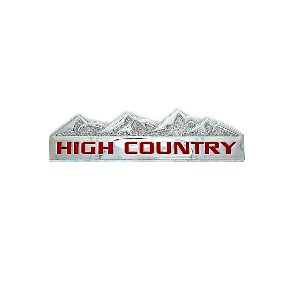 Накладки/наклейки High Country объемные ("Горная страна" 12,5х3,5см). Серебристый с красной надписью