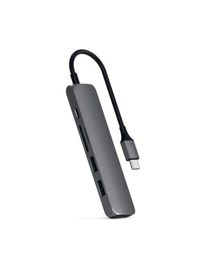 USB адаптер Satechi Slim Aluminum Type-C Multi-Port Adapter with Type-C Charging Port. Интерфейс USB-C. Порты USB Type-C, 2хUSB 3.0, 4K HDMI. Цвет серый космос.