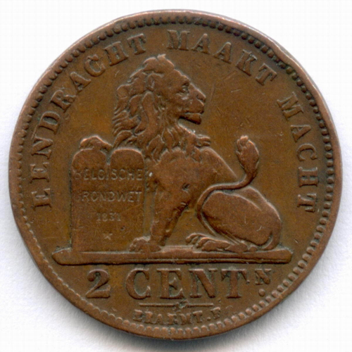 2 сантима 1905 год. Бельгия (Леопольд II). Надпись на голландском - DER BELGEN. Медь, диаметр 21.5 мм. VF-XF