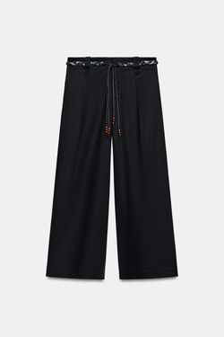 ZARA БРЮКИ ИЗ ПОПЛИНА С ПОЯСОМ-ПЛАТКОМ, МОРСКОЙ СИНИЙ