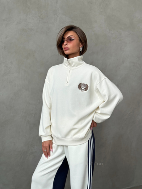 Молочный хлопковый свитшот с воротом на молнии