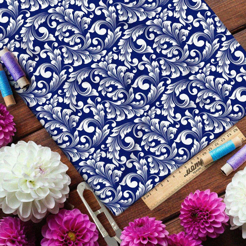 Ткань габардин симметричный крупный узор гжели на синем фоне