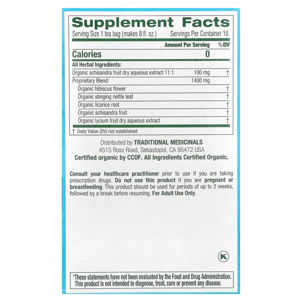Traditional Medicinals, Organic EveryDay Detox®, ягоды гибискуса и лимонника, без кофеина, 16 чайных пакетиков в упаковке, 24 г (0,85 унции)