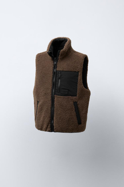 ZARA ДВУСТОРОННИЙ ЖИЛЕТ ИЗ ИСКУССТВЕННОЙ ОВЧИНЫ, КОРИЧНЕВЫЙ