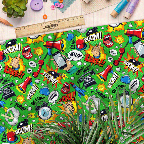 Ткань дюспо громкие предметы из комиксов на зелёном фоне