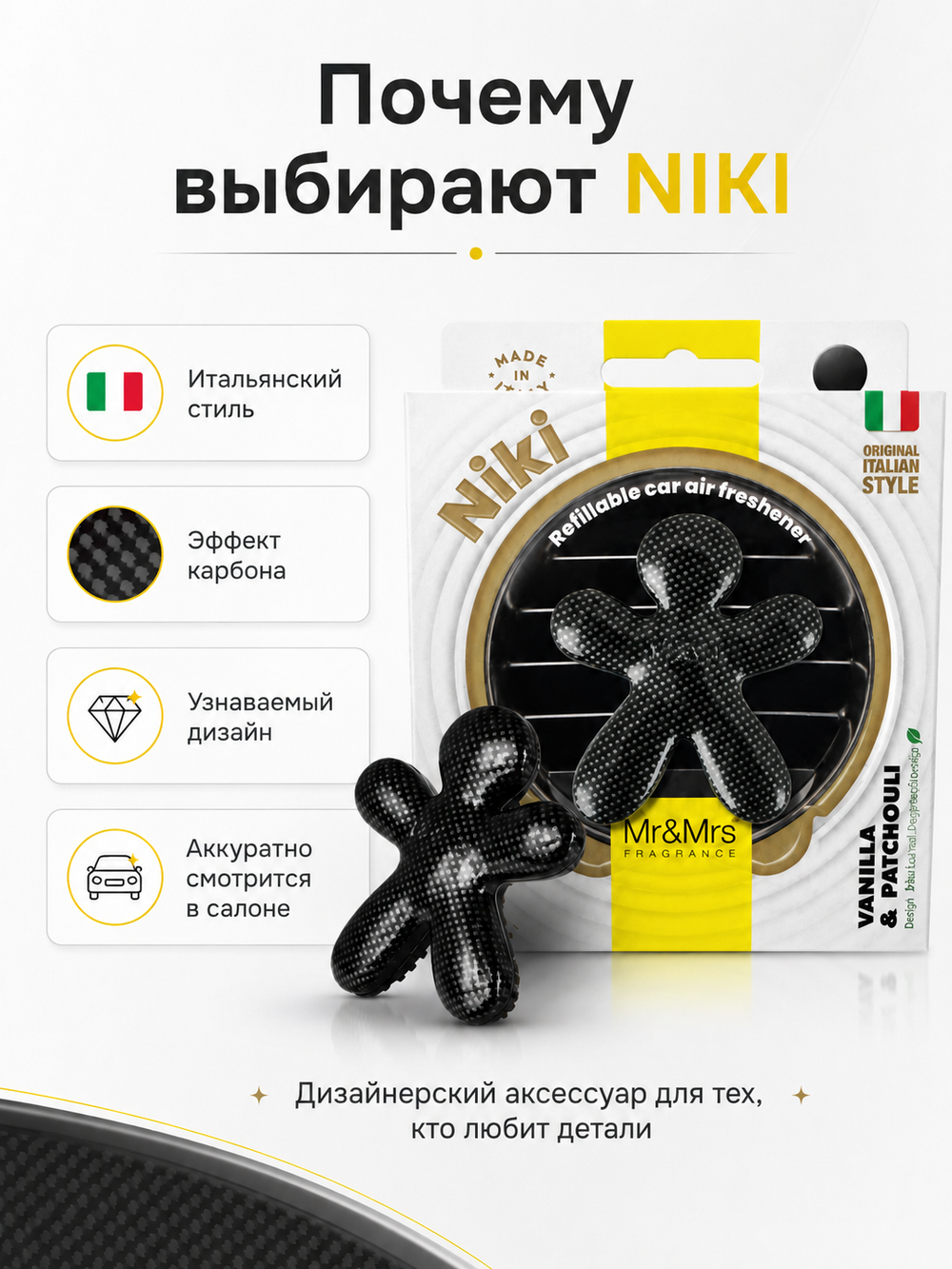 Mr&Mrs Fragrance Дизайнерский ароматизатор для автомобиля карбон НИКИ тосканский виноград