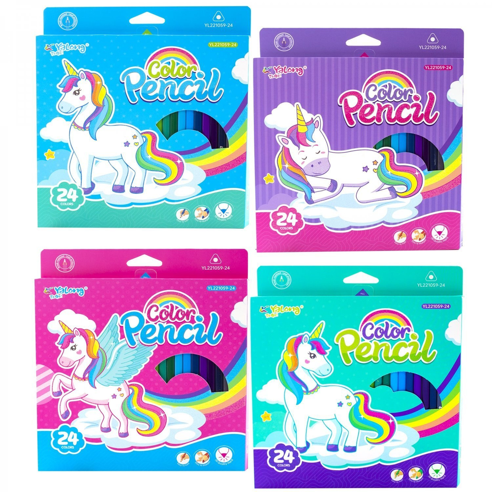 Карандаши цветные Yalong 24 цв., "Единорог" деревянные, трехгранные, заточнные, грифель 3.0 мм, картон. уп., европодвес