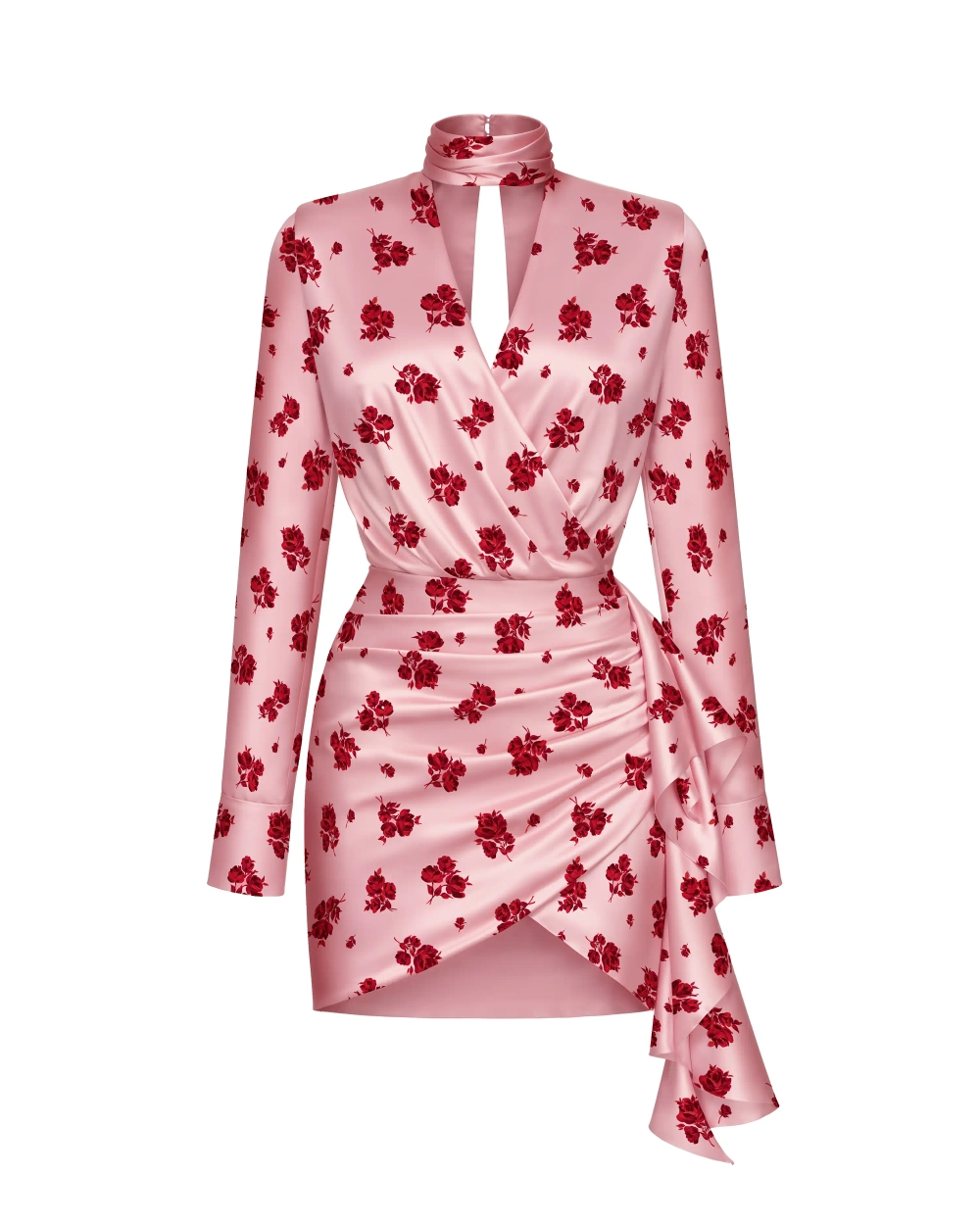 Leah mini, платье мини из светло-розового атласа с цветочным принтом