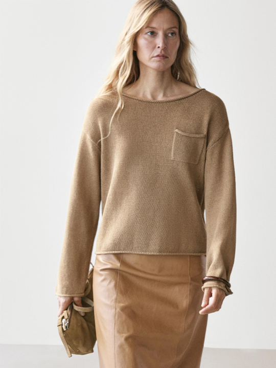Massimo Dutti Свитер из хлопкового и льняного трикотажа с карманом, светло-коричневый