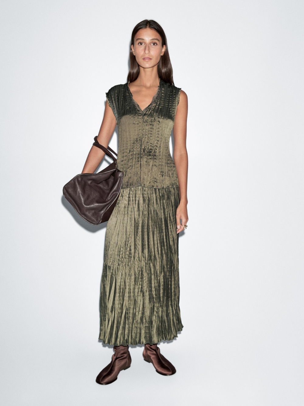 Massimo Dutti Плиссированная юбка миди, оливковый