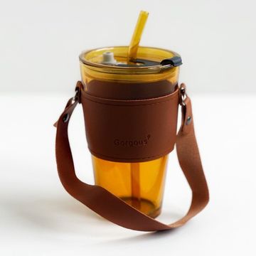 Кружка стеклянная с трубочкой и кожаной ручкой, 450 мл