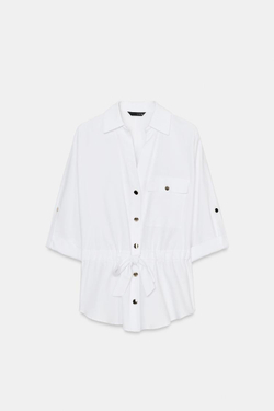 ZARA РУБАШКА САФАРИ ИЗ ПОПЛИНА, БЕЛЫЙ
