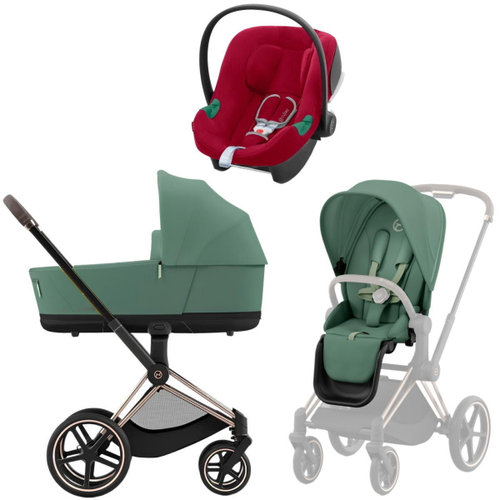 Коляска 3 в 1 Cybex Priam IV Rosegold complete и автокресло Aton B2 i-Size Dynamic Red Leaf Green