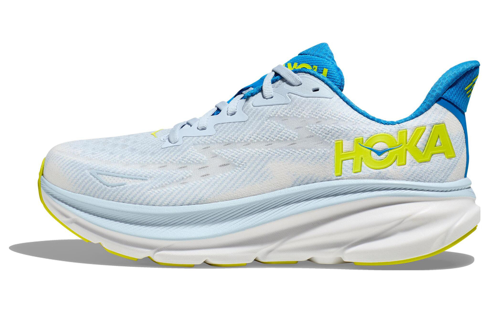 HOKA ONE ONE Cliffton 9 round head lace-up fabric non-slip wear-resistant low-top running shoes men's white, blue and yellow wide last version